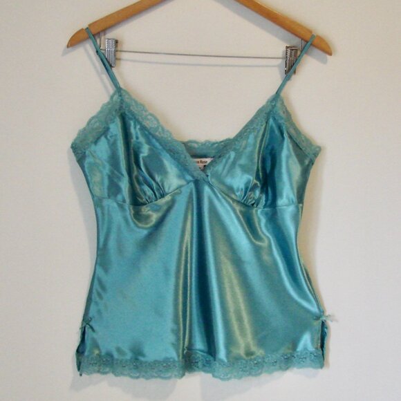 La Vie En Rose Satin Lace Camisole Turquoise Blue Green Babydoll Medium Large - Picture 1 of 11